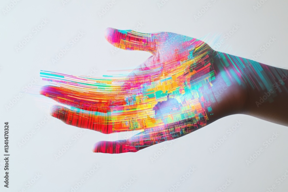 Fototapeta premium A hand, overlaid with vibrant, colorful streaks, symbolizes digital data flow and connectivity.