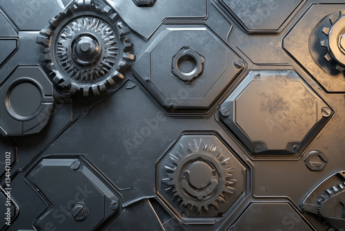 Obraz na płótnie A mechanical 3D background featuring hexagonal panels with exposed gears and cogs underneath. The industrial, steampunk-inspired design is enhanced by metallic textures and subtle lighting effects, w salonie