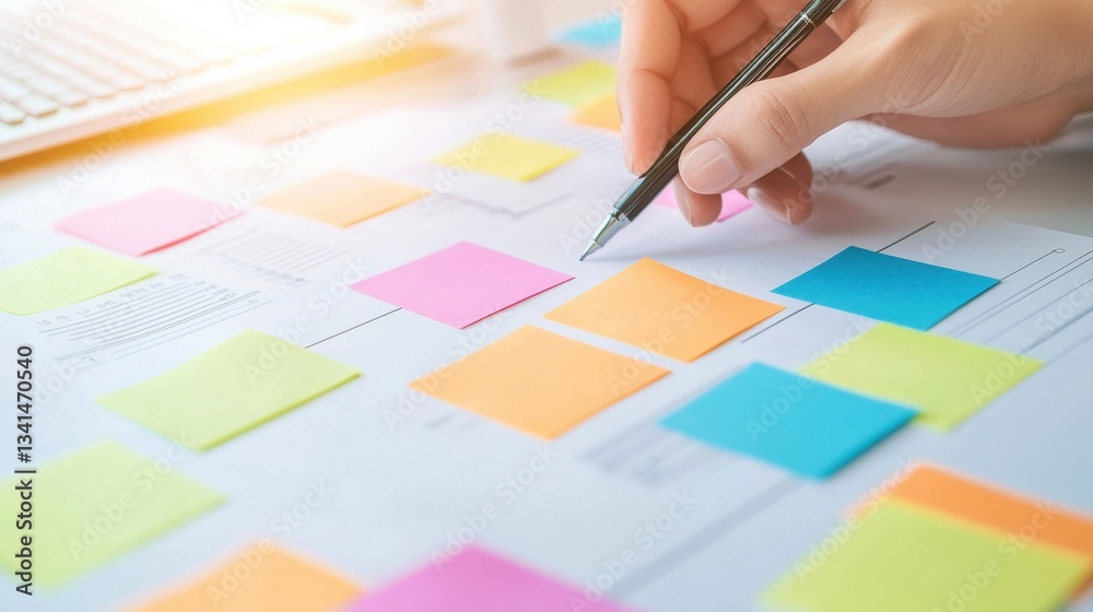 Productive Workspace with Sticky Notes and Pen for Planning Tasks Productive Workspace with Sticky Notes and Pen for Planning Tasks