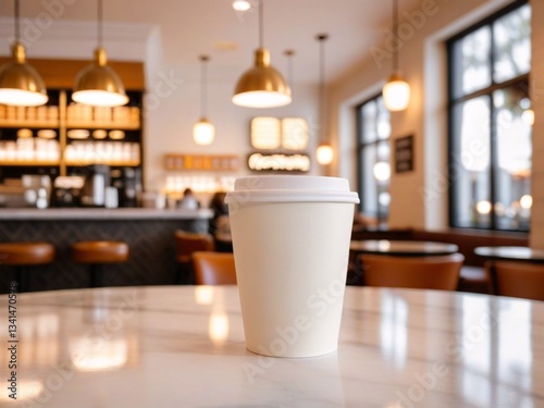 A white coffee cup with a lid sits on a marble table in a softly lit coffee shop, with a blurred background of bar stools and a counter.