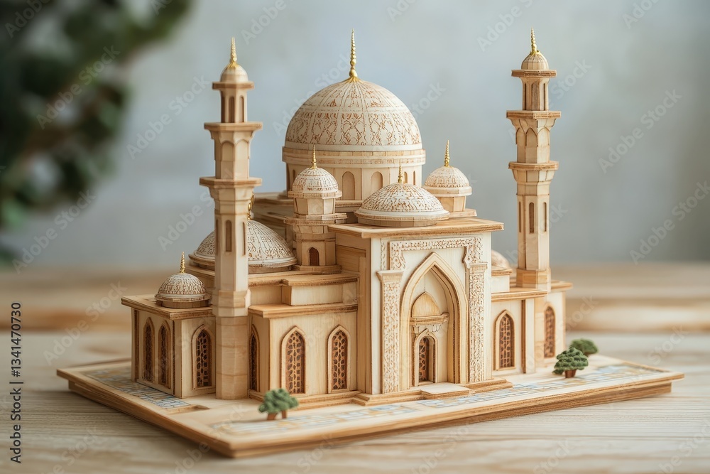 Fototapeta premium A finely crafted detailed wooden model of an ornate mosque