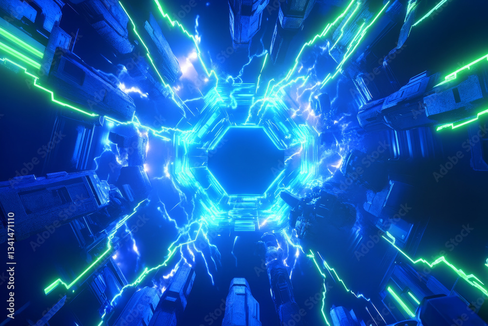 A high-energy sci-fi power grid where hexagonal cells glow with vibrant electric currents. The deep blue and neon green pulses of energy create a visually intense futuristic aesthetic, perfect for AI,