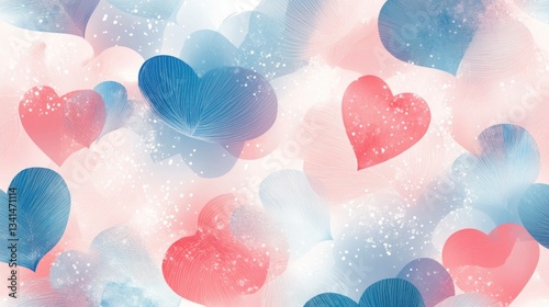 Colorful hearts background with a dreamy atmosphere, ideal for love themed designs, weddings, or romantic occasions, featuring soft pastel colors of blue and pink