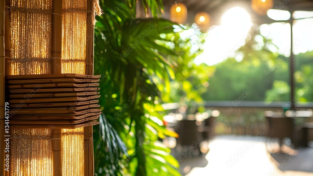 A warm, inviting scene featuring vertical bamboo detailing, lush greenery, and soft lighting from lamps in a natural setting. Concept Cozy Bamboo Decor, Lush Greenery, Soft Ambient Lighting A warm, inviting scene featuring vertical bamboo detailing, lush greenery, and soft lighting from lamps in a natural setting. Concept Cozy Bamboo Decor, Lush Greenery, Soft Ambient Lighting
