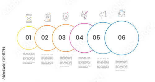 Circle vector infographic template with 6 steps and options for annual reports, presentations, advertising, chart. Modern business illustration.