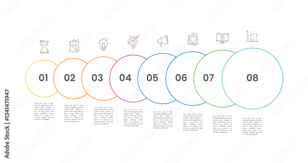 Circle vector infographic template with 8 steps and options for annual reports, presentations, advertising, chart. Modern business illustration. Circle vector infographic template with 8 steps and options for annual reports, presentations, advertising, chart. Modern business illustration.