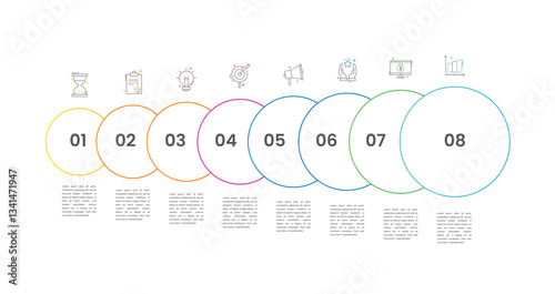 Circle vector infographic template with 8 steps and options for annual reports, presentations, advertising, chart. Modern business illustration.