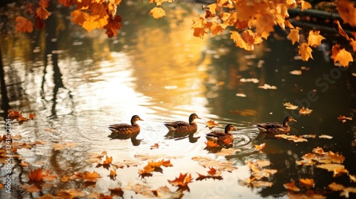 Ducks swimming in autumn pond with golden leaves.