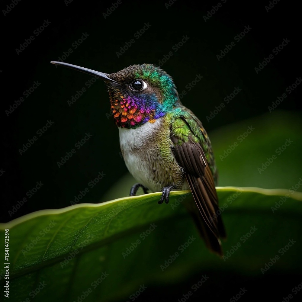 Naklejka premium Vibrant Hummingbird Close-Up – Colorful Feathers and Nature Background