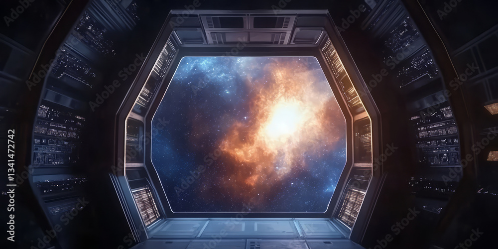 A sci-fi 3D background showcasing a massive space station window overlooking a distant nebula. The futuristic metal framing and softly glowing control panels add to the immersive deep-space setting.