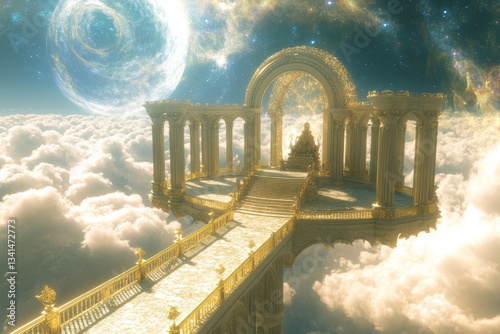 Obraz na płótnie A grand celestial palace 3D background room floating above the clouds, featuring golden bridges connecting different chambers, swirling galaxies visible through open archways, and a divine throne w salonie