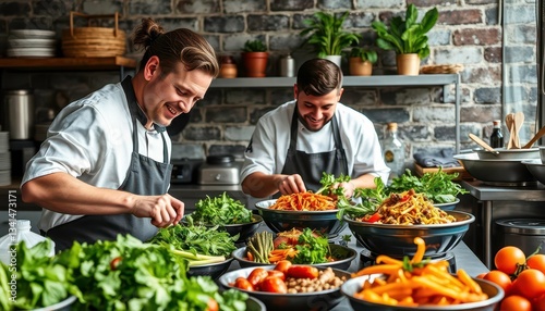 Fototapeta Naklejka Na Ścianę i Meble -  Chefs & producers collaborate, crafting innovative vegetarian & vegan dishes, vegan, color