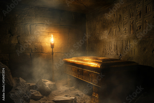 A mysterious Egyptian burial chamber 3D background room hidden deep beneath the desert, walls covered in intricate hieroglyphs, ancient golden sarcophagi resting in eerie silence, flickering torches