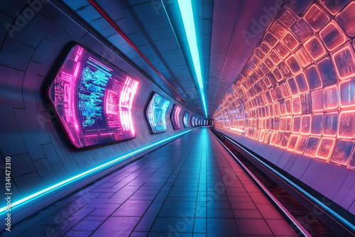 Obraz na płótnie A cyberpunk-inspired futuristic subway station where digital advertisements project from hexagonal panels. The autonomous trains glide smoothly through glowing tunnels, while AI-generated station w salonie