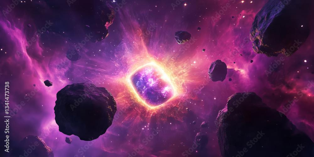 A cosmic 3D background of a giant, glowing space portal surrounded by floating asteroids and vibrant nebula clouds. The swirling light patterns and deep-space setting create a sci-fi fantasy aesthetic