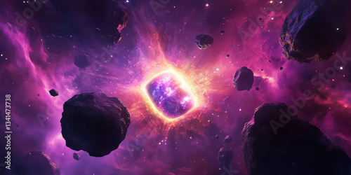 A cosmic 3D background of a giant, glowing space portal surrounded by floating asteroids and vibrant nebula clouds. The swirling light patterns and deep-space setting create a sci-fi fantasy aesthetic