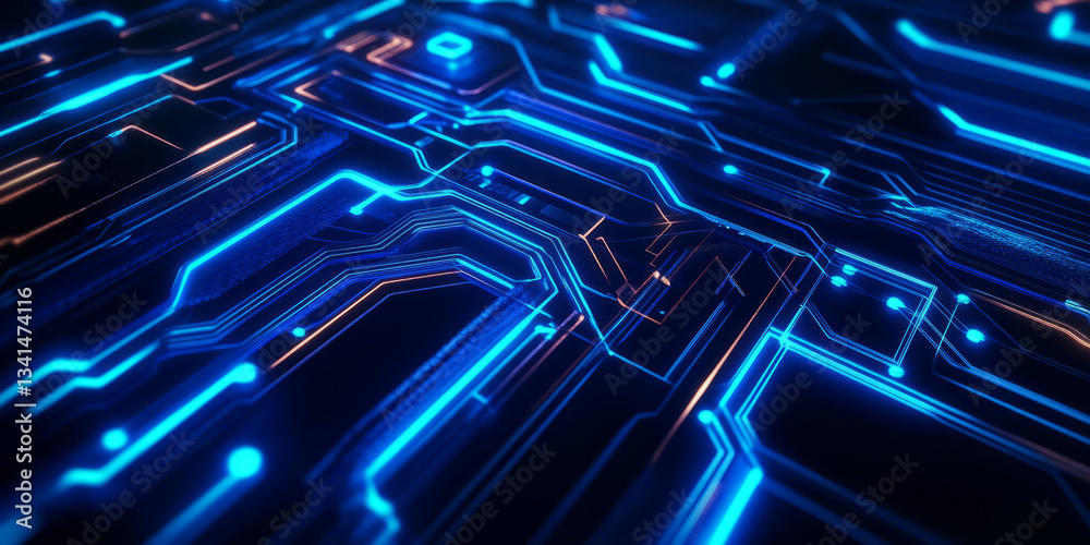 A high-tech 3D background showcasing an abstract circuit board pattern with pulsing neon blue energy lines. The futuristic design and deep shadows create a visually engaging and modern