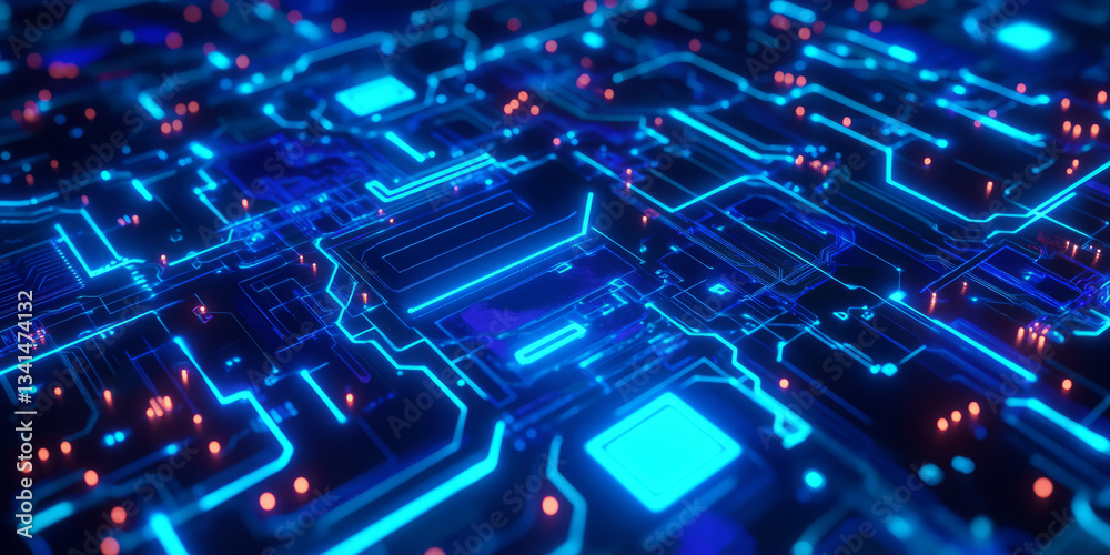 A high-tech 3D background showcasing an abstract circuit board pattern with pulsing neon blue energy lines. The futuristic design and deep shadows create a visually engaging and modern