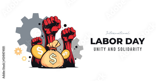 Illustration for International Labor Day featuring raised fists holding a money bag, symbolizing workers' rights, fair wages, and economic justice. Represents unity, solidarity, and the labor movement
