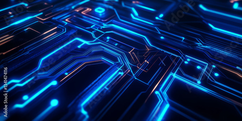 Obraz na płótnie A high-tech 3D background showcasing an abstract circuit board pattern with pulsing neon blue energy lines. The futuristic design and deep shadows create a visually engaging and modern w salonie