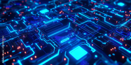 Obraz na płótnie A high-tech 3D background showcasing an abstract circuit board pattern with pulsing neon blue energy lines. The futuristic design and deep shadows create a visually engaging and modern w salonie