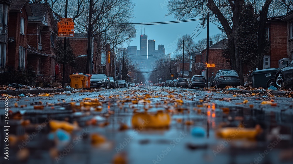 Fototapeta premium Autumn leaves on city street, Toronto skyline