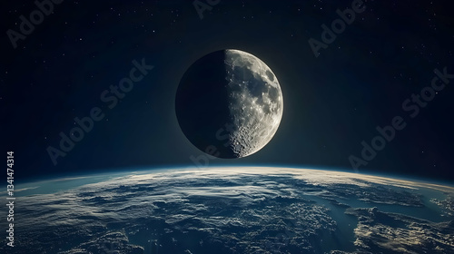 A half-illuminated moon against the backdrop of space, floating above Earth's atmosphere.

