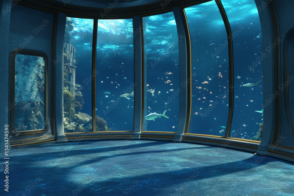 A deep-sea underwater observatory 3D background room with curved glass walls revealing a breathtaking view of the ocean depths. Soft blue lighting enhances the bioluminescent creatures floating