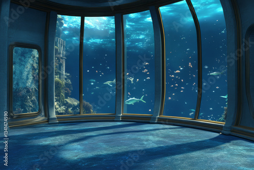Obraz na płótnie A deep-sea underwater observatory 3D background room with curved glass walls revealing a breathtaking view of the ocean depths. Soft blue lighting enhances the bioluminescent creatures floating w salonie