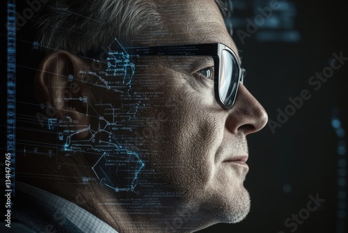 A man's profile is overlaid with a futuristic, digital schematic, suggesting advanced technology and data processing.