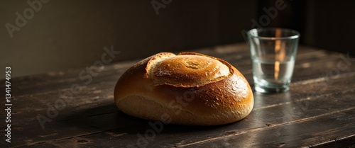 Close Up Of A Golden Bread Roll And Water Glass On A Wooden Table In Dim Lighting