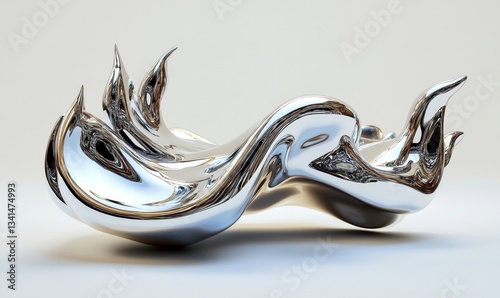 3d chrome metal of y2k fire icon. Flame shape in liquid mercury. 3d rendering illustration of abstract metallic melted modern burn form, design element