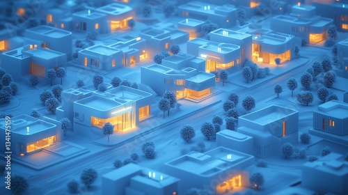 digital 3d isometric illustration of a futuristic eco-smart snow covered village