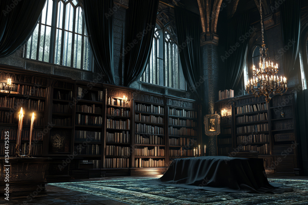 A gothic vampire’s castle chamber 3D background room with towering bookshelves filled with ancient tomes, black velvet drapes covering massive windows, dimly glowing candelabras casting flickering