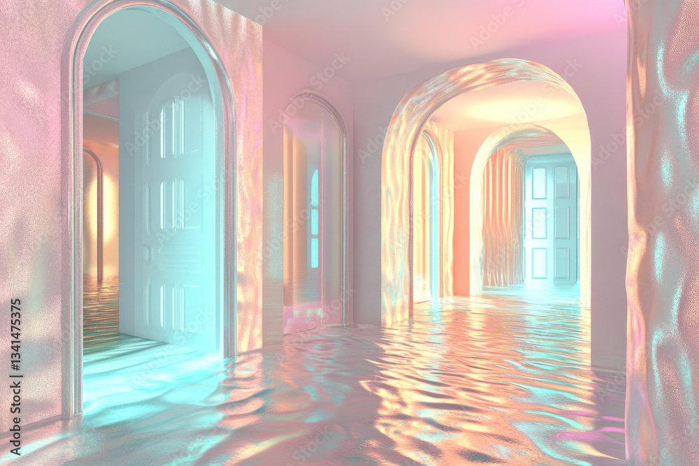 A surreal dreamlike corridor 3D background room where walls ripple like liquid, doors float in mid-air, and gravity constantly shifts. The glowing pastel hues and shifting geometric patterns create an