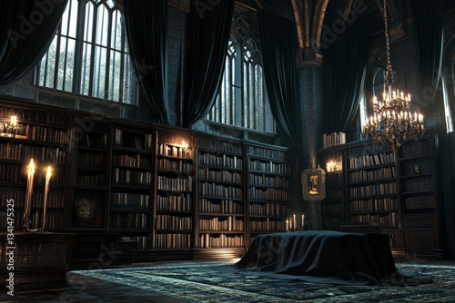Obraz na płótnie A gothic vampire’s castle chamber 3D background room with towering bookshelves filled with ancient tomes, black velvet drapes covering massive windows, dimly glowing candelabras casting flickering w salonie