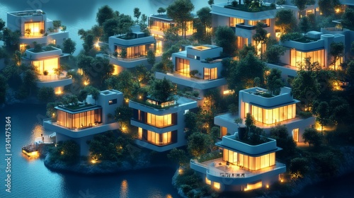 digital 3d illustration of an illuminated futuristic eco-smart water front suburb