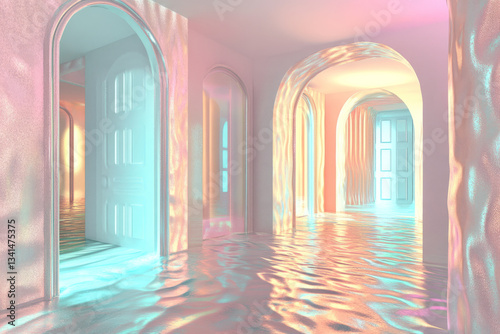 Obraz na płótnie A surreal dreamlike corridor 3D background room where walls ripple like liquid, doors float in mid-air, and gravity constantly shifts. The glowing pastel hues and shifting geometric patterns create an w salonie