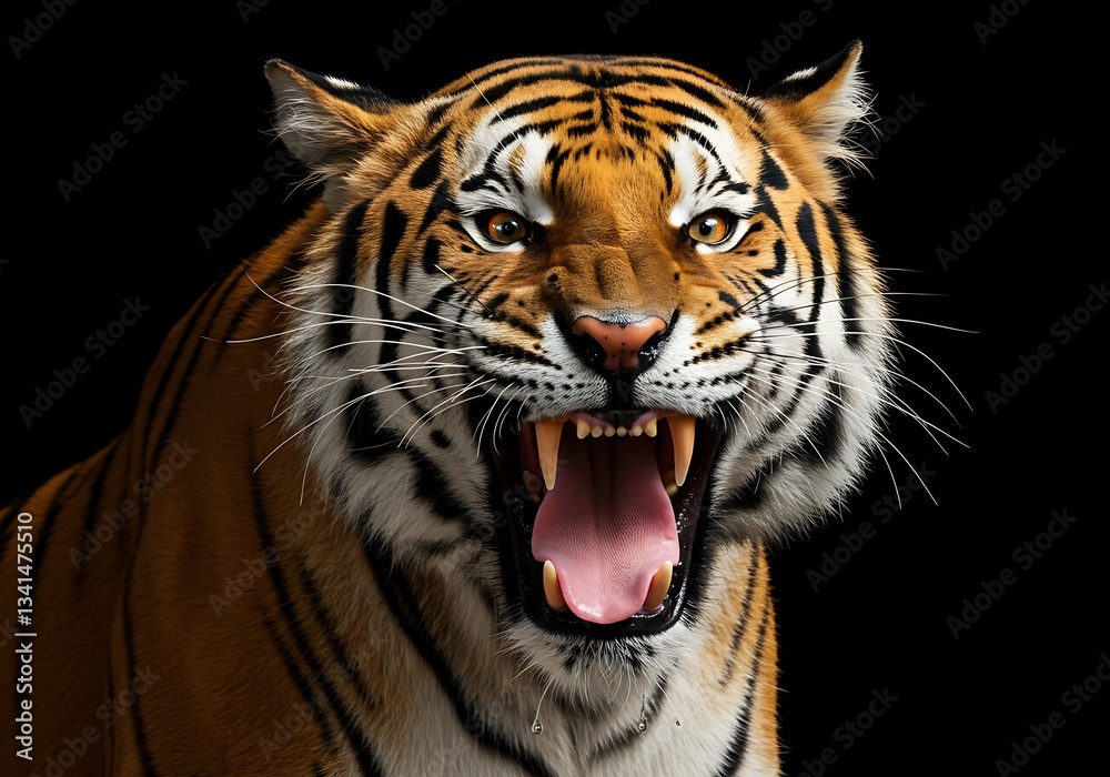 Fototapeta premium Fierce Tiger Portrait Against Black Background. Generative Ai