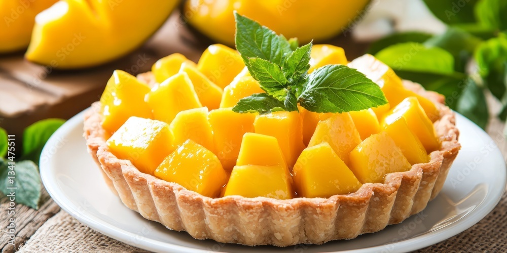 Fresh Mango Tart with Juicy Cubes and Mint Leaves Decoration Fresh Mango Tart with Juicy Cubes and Mint Leaves Decoration