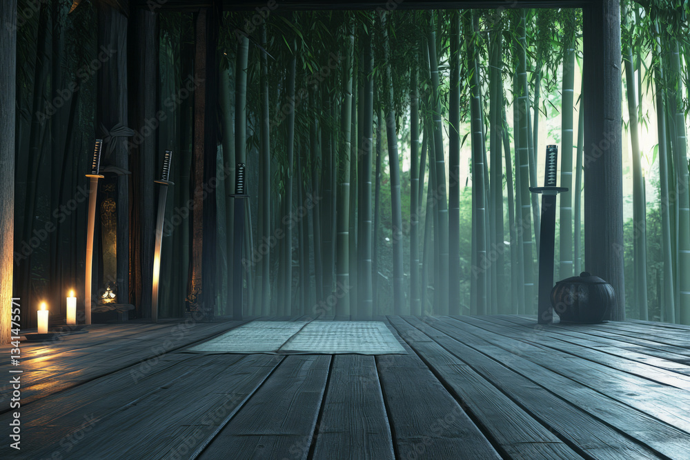 A hidden samurai dojo 3D background room deep within a tranquil bamboo forest, with wooden floors polished smooth by centuries of training, intricate katana swords displayed on the walls, soft