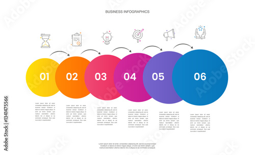 Business vector infographics with six circles and arrows. Timeline visualization with 6 steps for diagram, flowchart, banner, presentations, web, content, levels, chart, graphic