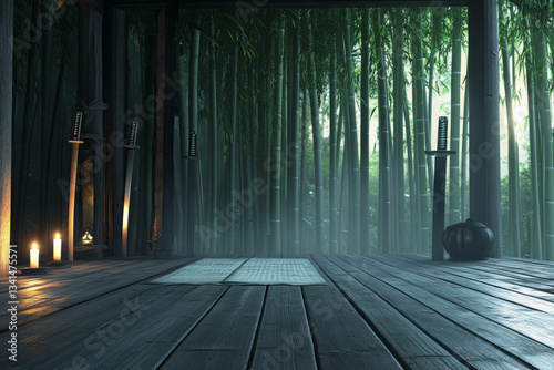 Obraz na płótnie A hidden samurai dojo 3D background room deep within a tranquil bamboo forest, with wooden floors polished smooth by centuries of training, intricate katana swords displayed on the walls, soft w salonie
