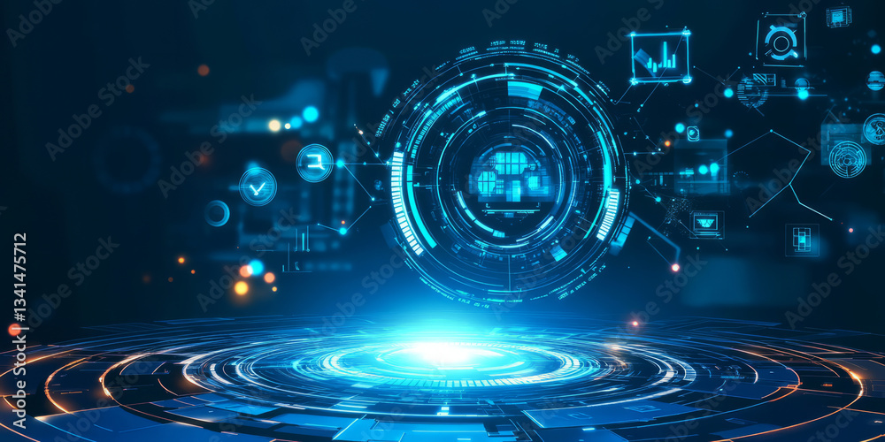 A high-tech 3D background featuring a floating holographic interface with glowing blue symbols and data streams. The futuristic digital elements stand out against the sleek, dark backdrop.