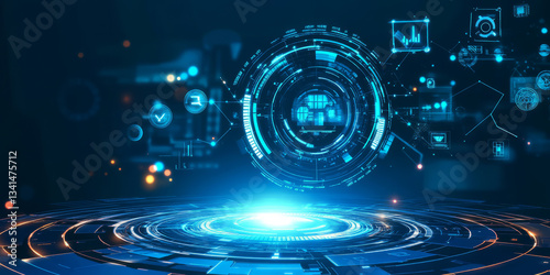 Obraz na płótnie A high-tech 3D background featuring a floating holographic interface with glowing blue symbols and data streams. The futuristic digital elements stand out against the sleek, dark backdrop. w salonie