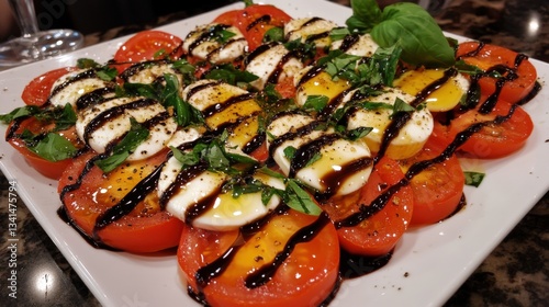 Fresh Caprese salad with ripe tomatoes, mozzarella, basil, balsamic glaze, and olive oil.