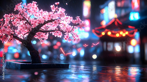 Cyberpunk Cherry Blossom Bonsai Tree in Rain at Night
