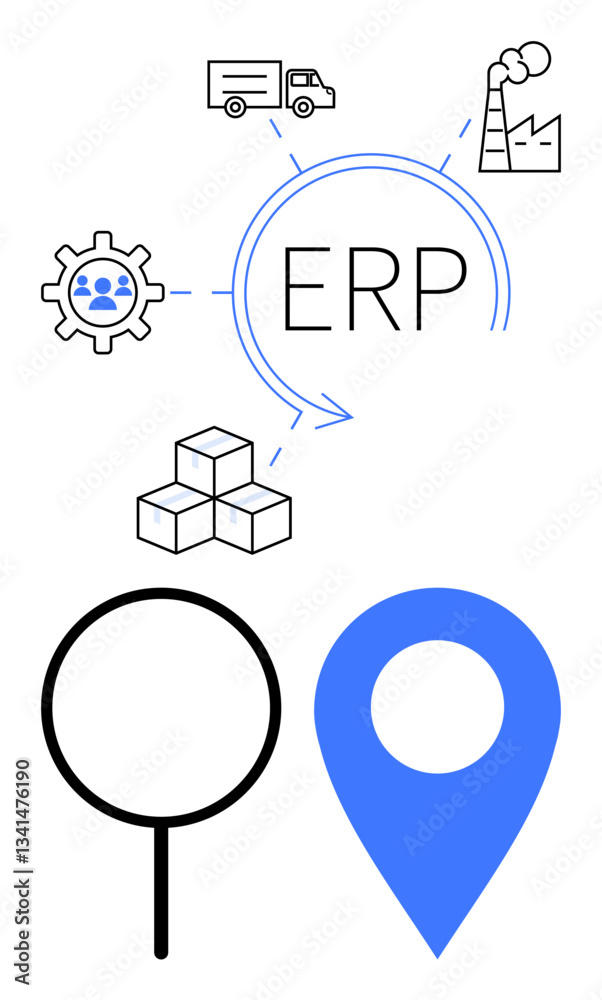 Fototapeta premium ERP concept with factory, truck, boxes, gear, magnifier, location pin. Ideal for logistics, inventory supply chain automation resource planning enterprise management themes. Flat simple metaphor