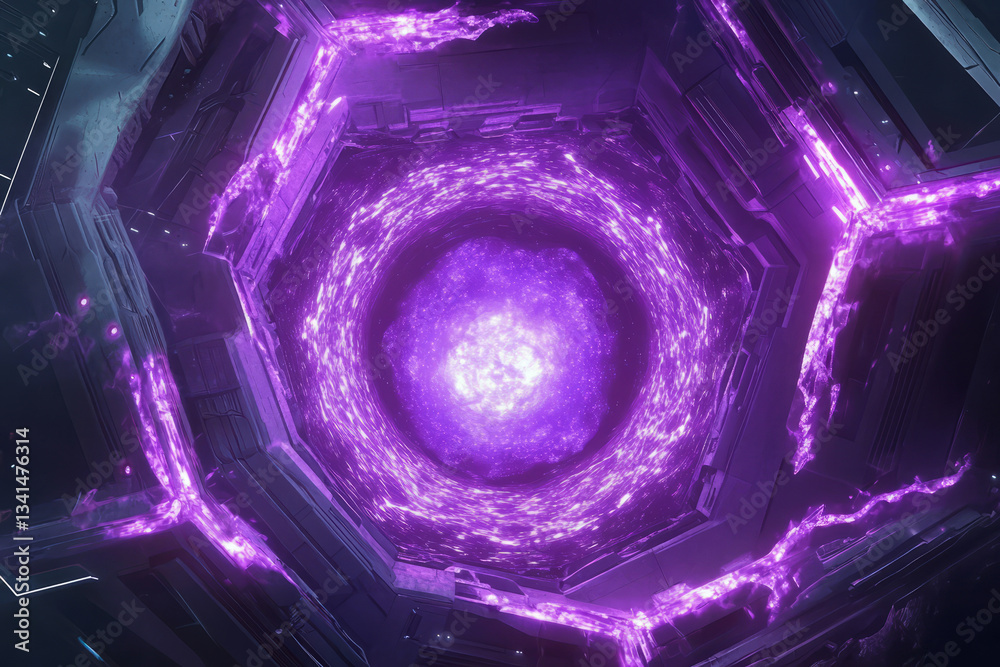 A deep-space sci-fi portal constructed from glowing hexagonal energy grids. The swirling interdimensional vortex in the center radiates purple and cyan light, creating an intense futuristic atmosphere