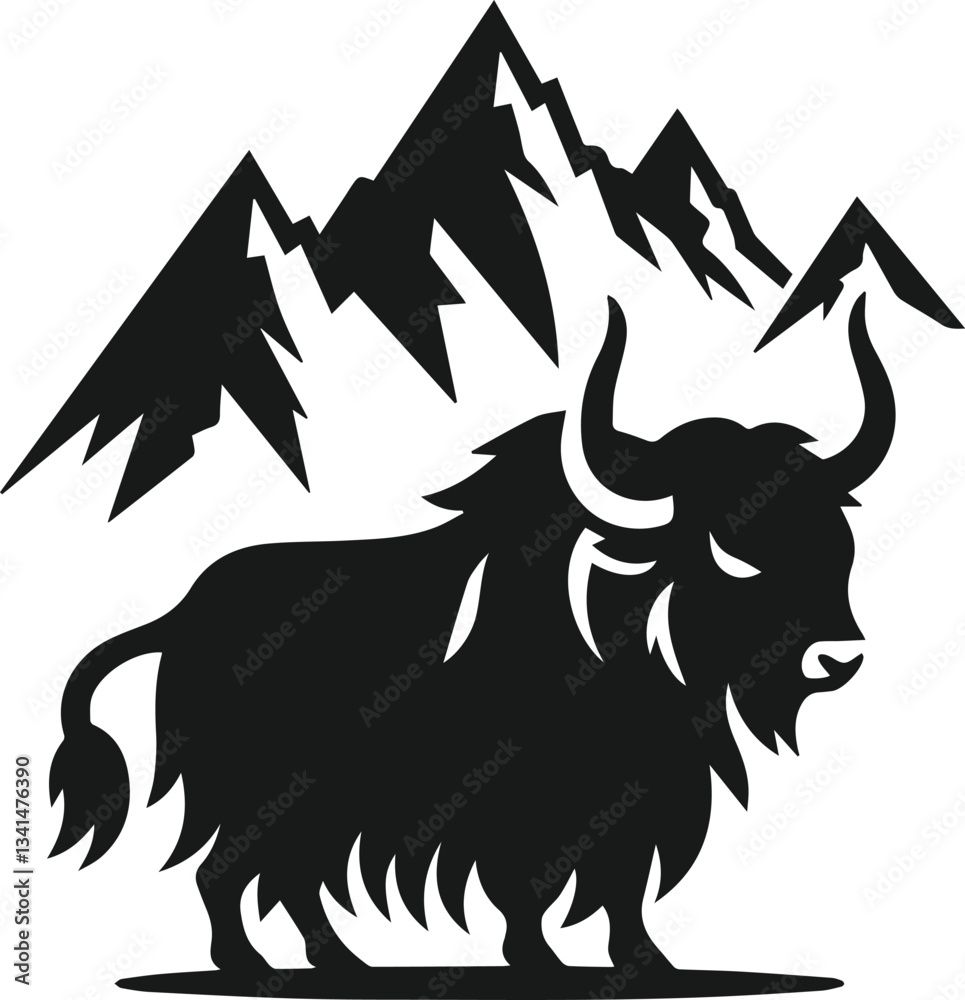 Obraz premium Yak standing with a mountain peak animal vector silhouette